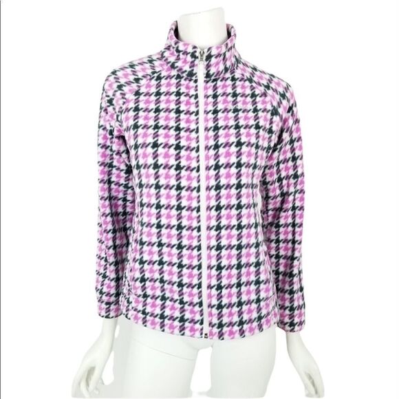 Columbia Girl's Size Large Pink & Black Houndstooth Zip Up Fleece Jacket - Picture 1 of 7